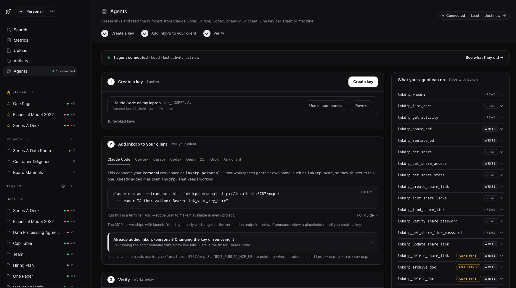 The agents page: a connected key, the one-line MCP command, and the tool list (share, replace, read stats), each marked read, write, or asks first.