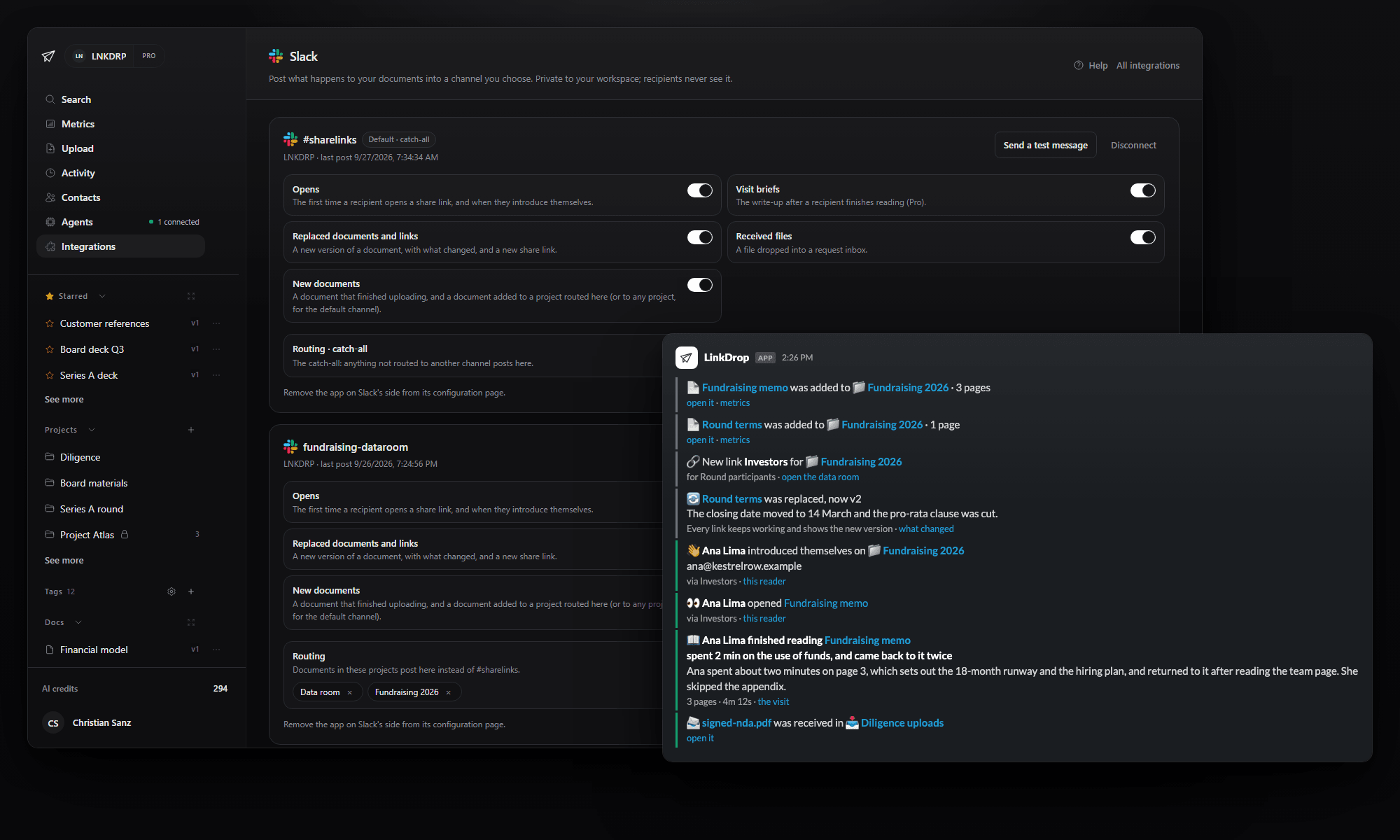 The Slack integration page: two connected channels, #sharelinks with a Default catch-all badge and five switches, and fundraising-dataroom with Data room and Fundraising 2026 routed to it; in front, the channel window itself, where two documents added to Fundraising 2026, a new Investors link and a replaced version carry a grey bar, and a reader introducing themselves, opening the memo and finishing it with a two-minute brief carry a green one.